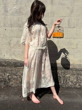 Antique 1920s White Filet Lace Floral Embroidery Sheer Net Dress S-M